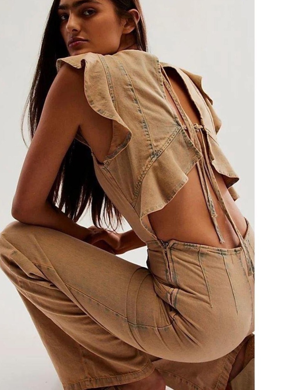 Free People Love Bite jumpsuit Denim Ruffles Size Medium